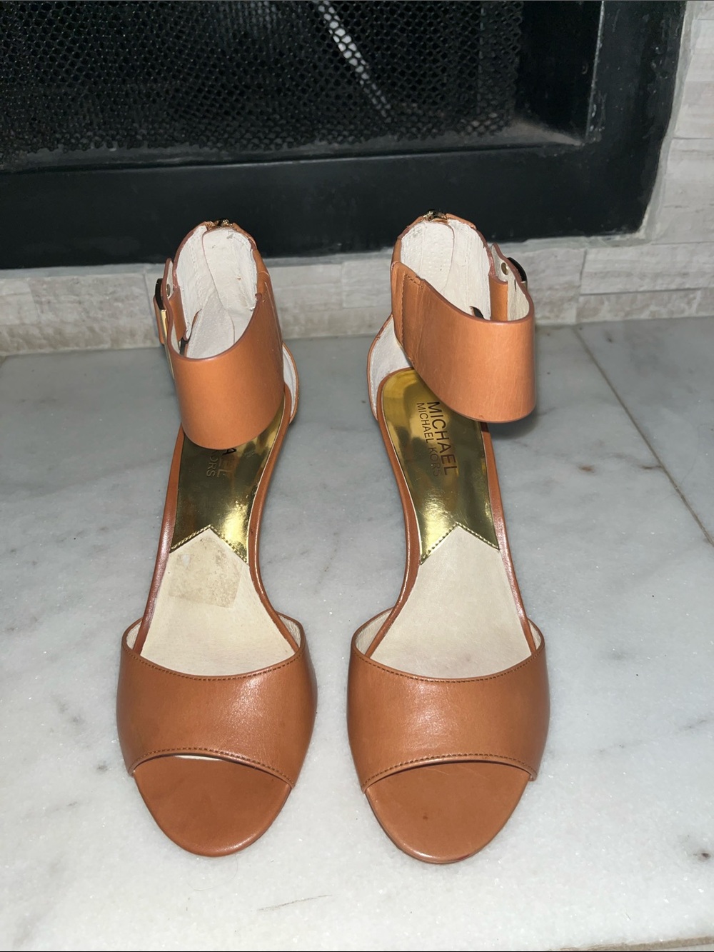 Michael Kors Tan Leather Open-Toe Ankle-Strap Heels